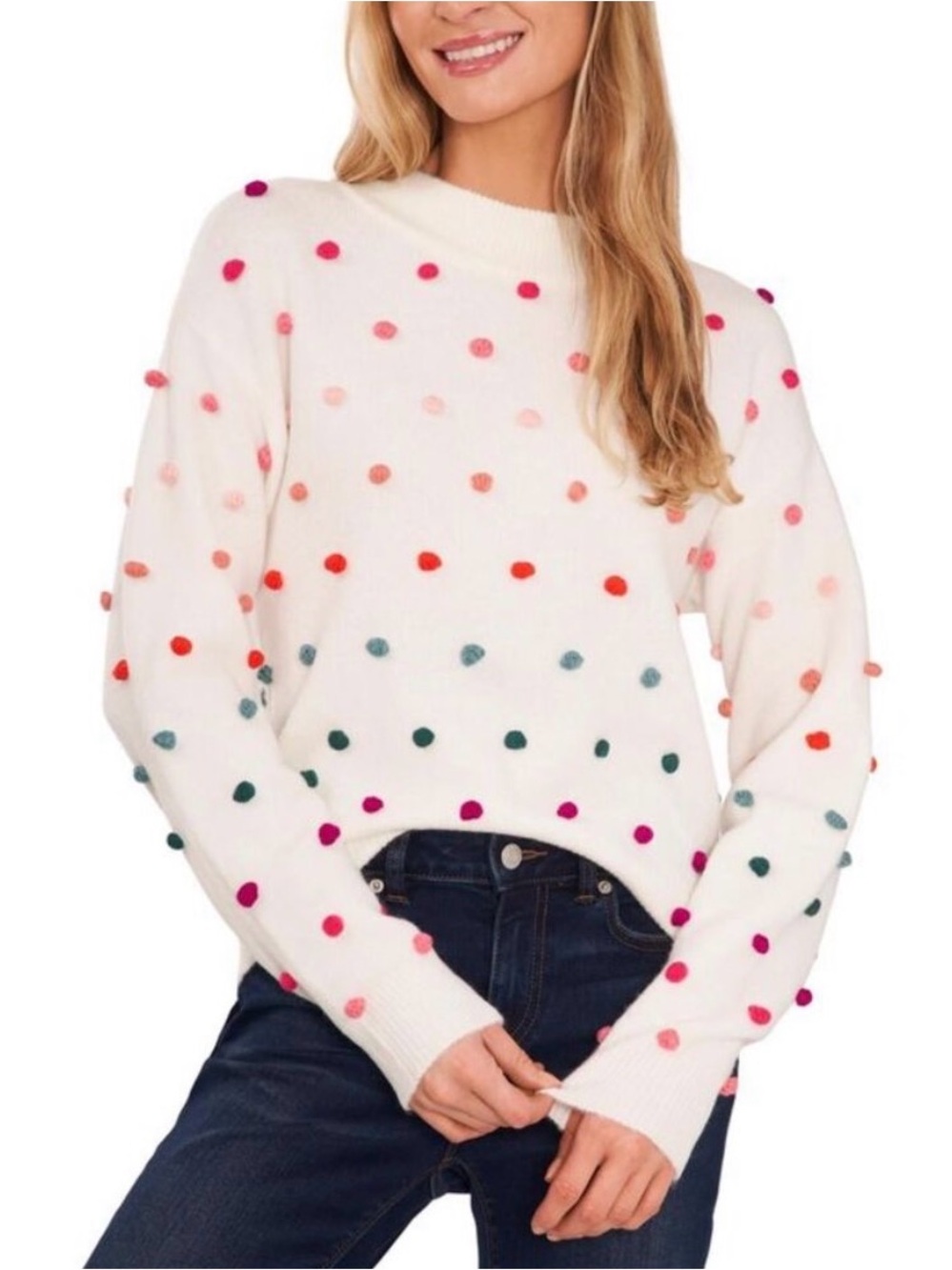CeCe White Rainbow Pom Pom Mock Neck Sweater Size Small Kawaii